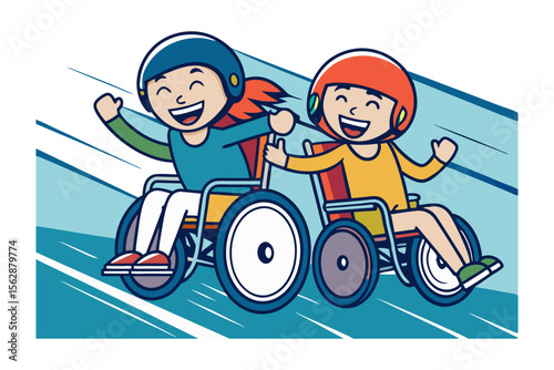 Wheelchair Race: Smiling girl and boy, equipped with helmet, joyfully compete in wheelchair race.