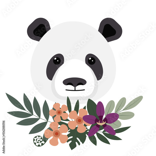 Cute panda head design surrounded by colorful flowers and leaves in a minimalist style