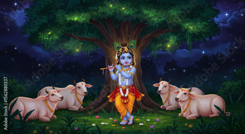 Lord Krishna Playing Flute Under Tree
