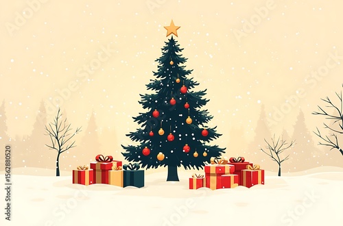 Decorated evergreen tree with gifts in snowy landscape Christmas tree ornaments