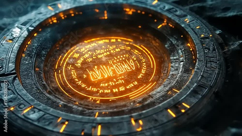 Ancient circular artifact glowing with mysterious symbols amidst a dark, smoky environment