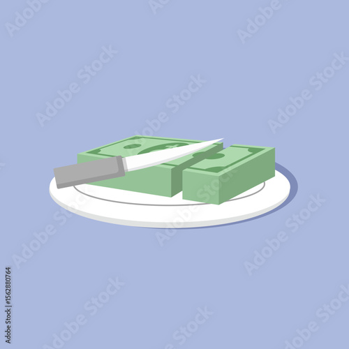 money on a plate. a wad of money cut with a knife. illustration of eating money. a wad of money on a plate flat design 3d