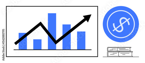 Rising bar graph with arrow, blue dollar sign in circle, and stacked documents. Ideal for analytics, business success, investment, profitability, growth planning education. Clean flat metaphor