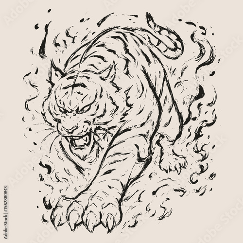 Ferocious tiger in mid-pounce, surrounded by sketchy fire-like strokes in dynamic black ink style.