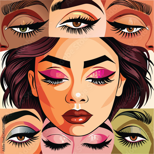 Collage of diverse eyes with bold makeup and eyelashes silhouette
