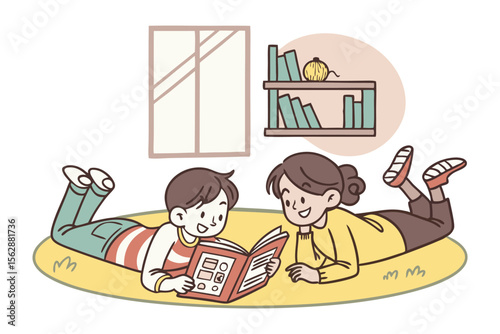 Leisurely Reading Time: A heartwarming illustration captures the essence of leisure time as a child and a woman immersed themselves in the pages of a book. The scene radiates warmth and simplicity. 