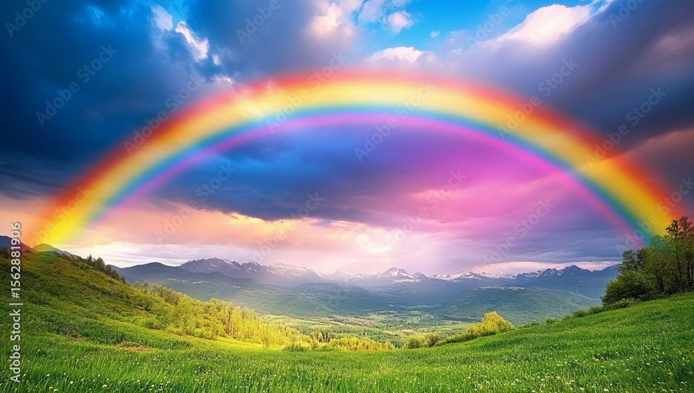 Naklejka premium Majestic rainbow arches over a grassy mountain valley at sunset