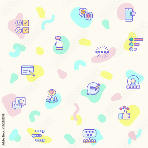 Vector illustration of a cute Review And feedback. Collection of customer, rating, star rating, chat, testimonials, survey, support, communication, sign and other elements. Isolated on beige.
