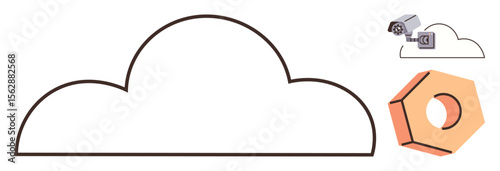 Cloud outline, security cameras, and hexagonal element represent technology, security, and connectivity. Ideal for cloud computing, data security, innovation, digital solutions internet analysis