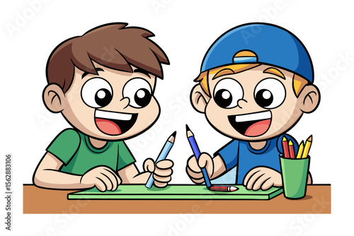 Joyful Illustrative bond: Two boys engaged in the creative act of drawing. Capturing a scene of camaraderie and shared expression.