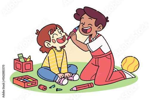 Joyful Art Playtime: Capture a heartwarming scene of two children immersed in creative art, their faces alight with pure, infectious laughter, engaged in a shared activity. 