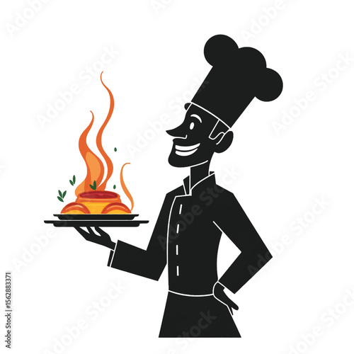 Black Silhouette Vector of Chef Serving Dish on Tray in Culinary Presentation Scene on White Background Full HD