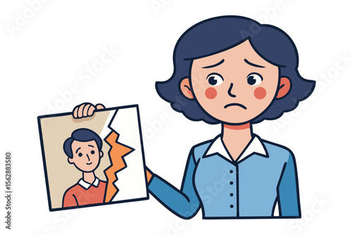 Broken Bonds: A woman expresses heartbreak and loss as she clutches a torn photograph, symbolizing a relationship's painful end.