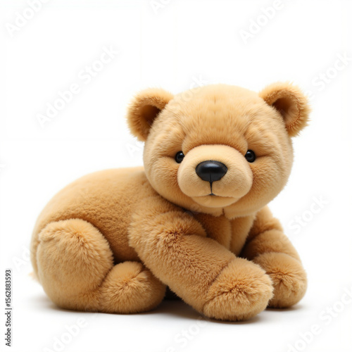 Cute teddy bear plush toy smiling on white background for copy space