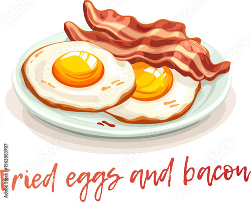 Classic American breakfast of fried eggs and crispy bacon vector icon isolated on white background. Two sunny side up fried eggs and slices of crispy bacon illustration