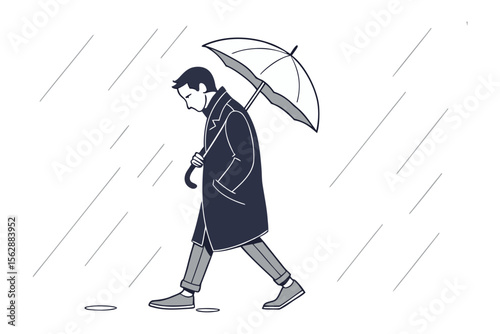 Lonely Walk in the Downpour: A solitary figure strolls gracefully in a downpour, shielded by an umbrella, amidst a stark, evocative grayscale illustration, emphasizing the mood of the moment.