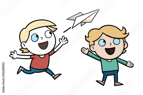 Paper Plane Adventures: Playful youngsters launch a paper airplane. Capturing childhood joy and imagination in this dynamic illustration of flight.
