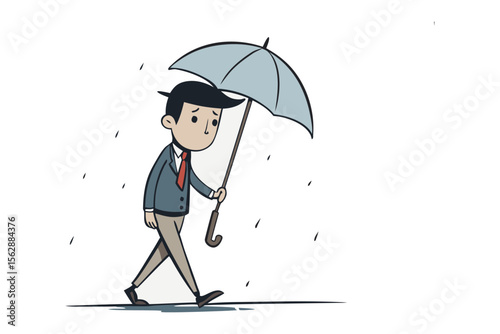 Walking in the Rain: A charming illustration depicts a solitary figure strolling beneath a serene umbrella, navigating through the gentle drizzle of a rainy day. 