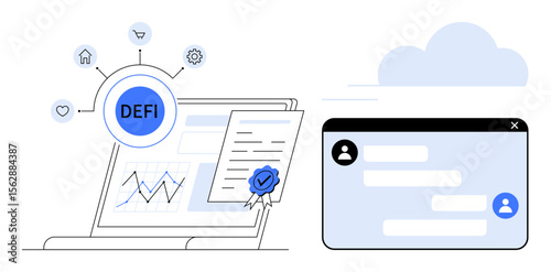 Laptop showcasing decentralized finance concepts, charts, document with certification badge, icons representing finance, and a chat interface. Ideal for fintech, blockchain, DeFi, analytics
