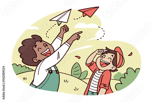 Soaring Dreams: Two young children enthusiastically launch paper airplanes into the bright, clear sky, representing freedom, aspiration, and the limitless possibilities of youth.