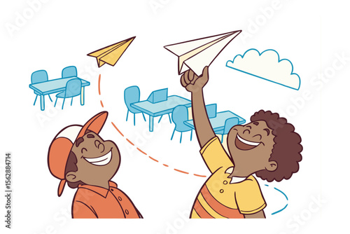 Soaring Ambitions: Joyful illustration of children launching paper planes, symbolizing dreams and aspirations, set against a backdrop of imagination and creativity.
