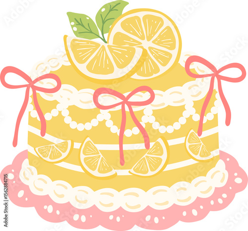Cute Lemon Layer Cake Illustration with Bows and Doily Base

