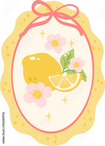 Cute Lemon Label Illustration with Pink Flowers and Ribbon Frame

