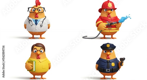 Funny cartoon chickens in different professions