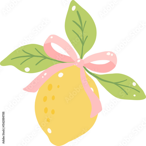 Kawaii Lemon with Pink Bow and Green Leaves Illustration

