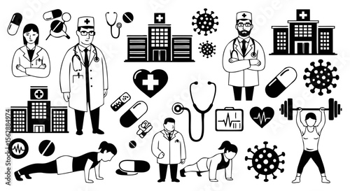 Set of black vector silhouette icons depicting houses, kitchen tools, people, and business pictograms for various professions and financial work