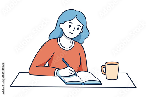 Focused Thought: A woman sits at a table, her eyes focused as she pensively writes in a notebook, a cup of coffee beside her, symbolizing introspection and thoughtful creativity.