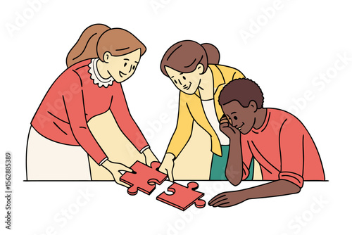Teamwork Puzzle: A group of diverse individuals collaborate, their faces alight with a shared purpose, uniting to fit the final puzzle piece, symbolizing unity, cooperation, and a joint achievement. 