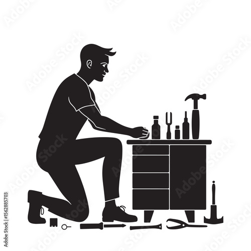 Black Silhouette Vector of Person Assembling Furniture with Tools in Home Improvement Scene on White Background Full HD