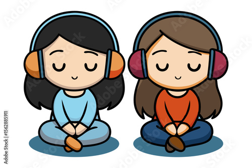 Meditation Harmony: Two calm individuals with headphones. meditating peacefully, immersed in their own private sonic sanctuary of tranquility.