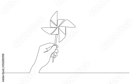 Continuous one line drawing of hand holding paper windmill, breeze from childhood concept, single line art