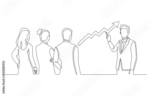 Continuous one line drawing of manager pointing out upward trend graph for employees to see, business presentation on growth strategy concept, single line art