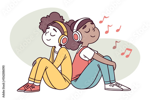 Musical Resonance: Two individuals, connected back-to-back, each lost in their own world of musical bliss, visualized through cartoon imagery, embracing the power of music