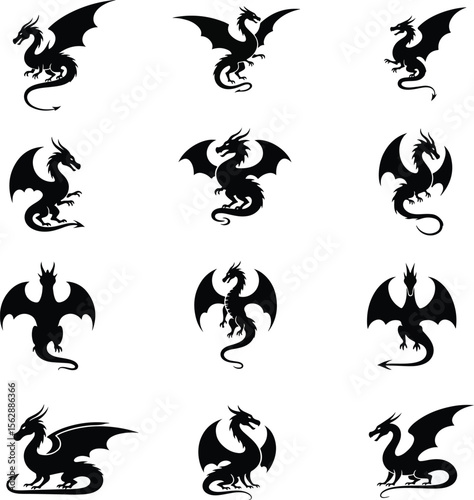 Set of legendary dragon head icons and full-body silhouettes in black. Each icon features fierce expressions, detailed horns, fire breath.
