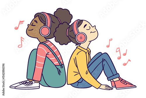 Melody in Harmony: Two girl, with headphones on, sit back-to-back, completely lost in the rhythm. Music notes dance around them, enhancing the harmony in this illustration.