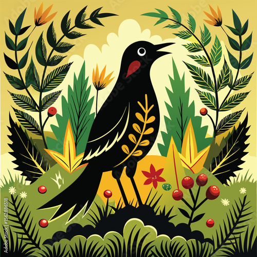 Stylized black bird with red cheek surrounded by lush foliage and berries silhouette