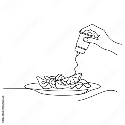 Hand Pouring Sauce on Potato Chips with Single Line Art