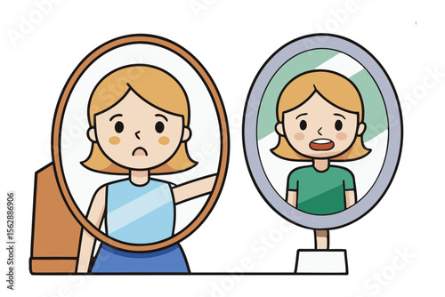 Mirroring Emotions: A cartoon depicts a person confronting their reflection, showing inner turmoil and reflection and self-perception