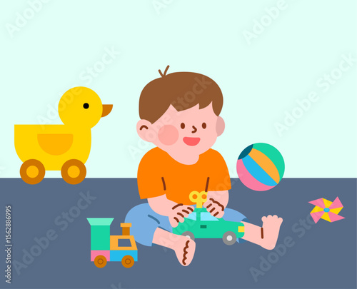 Happy child playing with toys