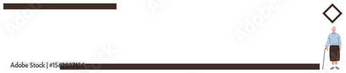 Elderly individual with a cane positioned next to clean geometric lines and a diamond shape. Ideal for aging, support, independence, minimalism, balance, simplicity, and caregiving themes. A simple