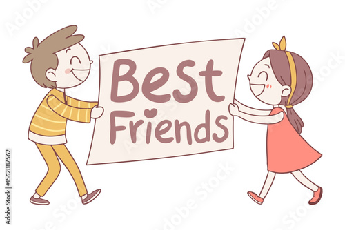 Best Friends Forever: Depicting the unbreakable bond of childhood friendship, this illustration captures two smiling friends, joyfully holding a sign that proclaims their lifelong companionship.