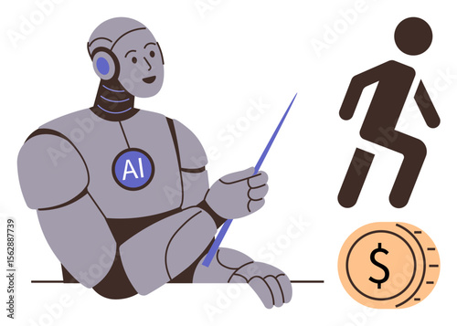 Humanoid AI robot with pointer teaching growth concept. Includes walking person and currency coin. Ideal for technology, automation, business growth, education, innovation, finance future trends. A