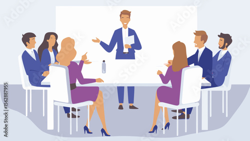 Man presenting to a group of people seated around a table in a meeting room with a whiteboard back