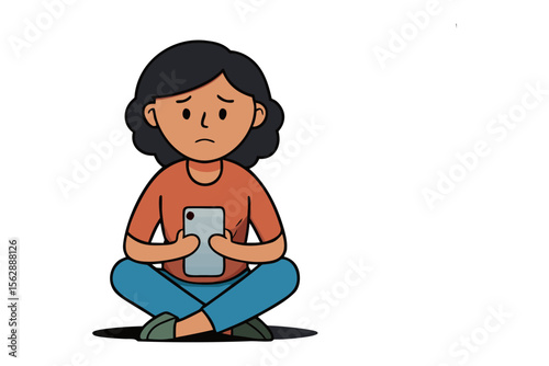 Digital Distress: A young person sits cross-legged, engrossed in a handheld device, a subtle furrow in the brow hinting at concern.