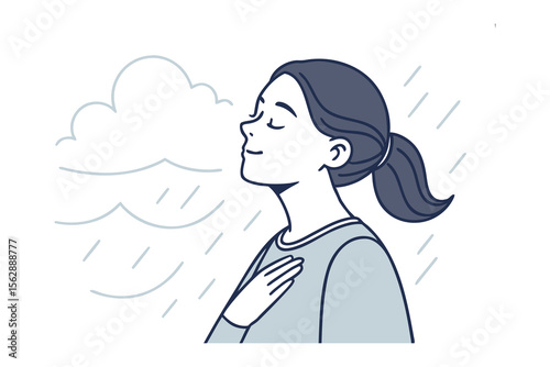 Serene Respite in Rain: A young woman finds peace, closing her eyes and breathing deeply during a gentle rain shower, a symbol of calm and renewal.