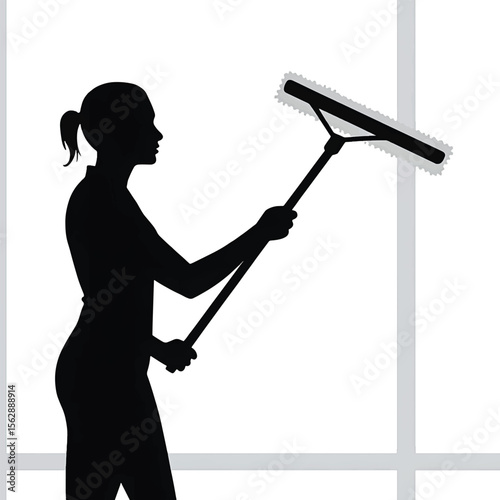 Black Silhouette Vector of Person Cleaning Window with Cloth or Wiper in Daily Household Activity Full HD